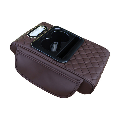 GT-6 Embroidery Coffee ,Multifunctional Car Armrest Storage Box Cushion - Universal Fit with Cup Holder and Tissue Dispenser - Main Image