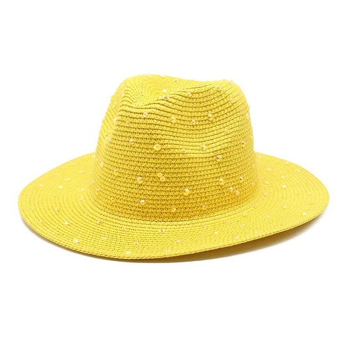 Yellow Women's Wide-Brim Straw Hat with Rhinestones - Elegant and Breathable Sun Hat for Summer Outdoors,M（56-58cm） - Main Image