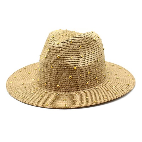Khaki Women's Wide-Brim Straw Hat with Rhinestones - Elegant and Breathable Sun Hat for Summer Outdoors,M(56-58cm) - Main Image