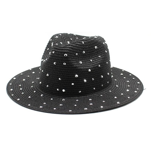 Black Women's Wide-Brim Straw Hat with Rhinestones - Elegant and Breathable Sun Hat for Summer Outdoors,M(56-58cm) - Main Image