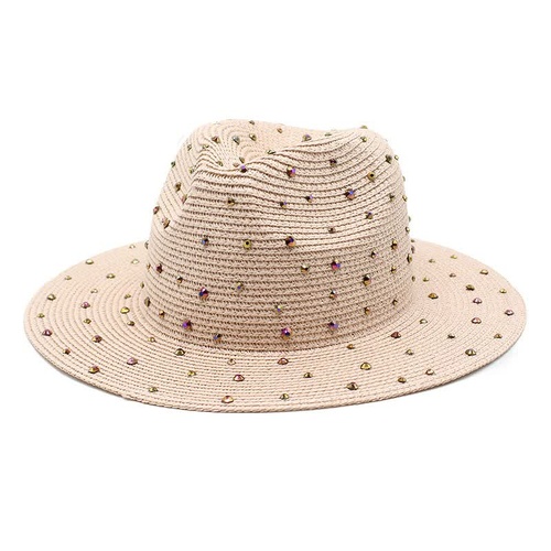 Pink Women's Wide-Brim Straw Hat with Rhinestones - Elegant and Breathable Sun Hat for Summer Outdoors,M(56-58cm) - Main Image
