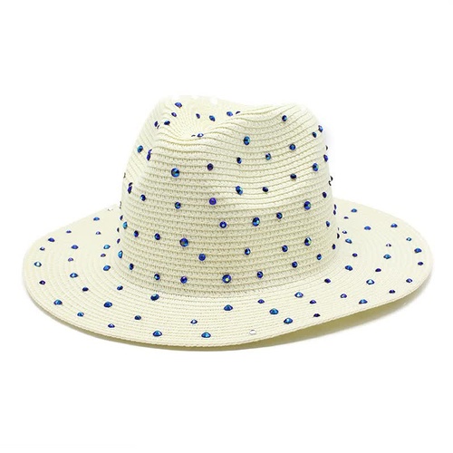 Milky white Women's Wide-Brim Straw Hat with Rhinestones - Elegant and Breathable Sun Hat for Summer Outdoors,M(56-58cm) - Main Image