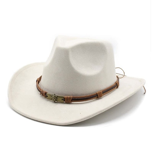 Off White Unisex Faux Suede Western Cowboy Hat - Wide Brim Vintage Fedora for Outdoor Travel,M(57-58cm) - Main Image