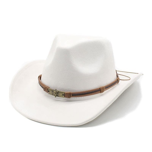 Milky white Unisex Faux Suede Western Cowboy Hat - Wide Brim Vintage Fedora for Outdoor Travel,M(57-58cm) - Main Image