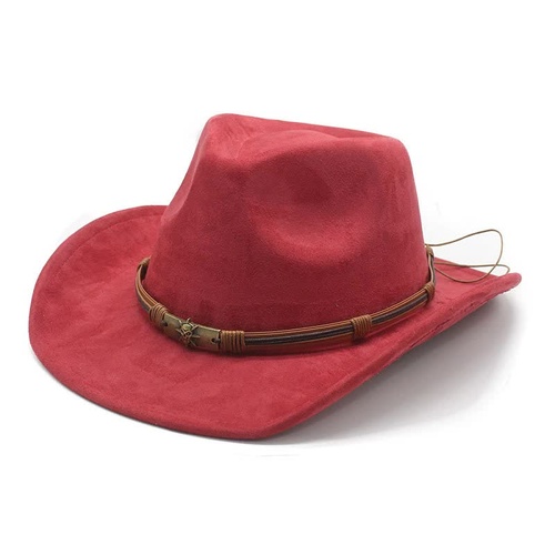 Wine Red Unisex Faux Suede Western Cowboy Hat - Wide Brim Vintage Fedora for Outdoor Travel,M(57-58cm) - Main Image