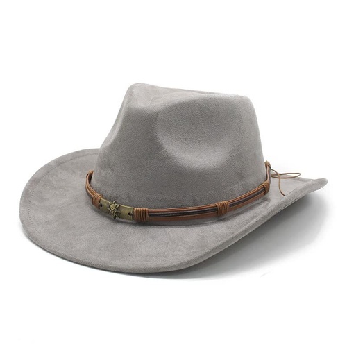 Gray Unisex Faux Suede Western Cowboy Hat - Wide Brim Vintage Fedora for Outdoor Travel,M(57-58cm) - Main Image