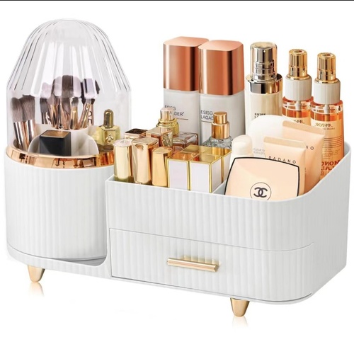 White Rotating Makeup Organizer Box - Multi-Compartment Cosmetic Storage with Dustproof Cover - Main Image