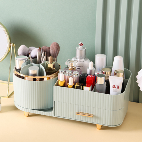 Green Rotating Makeup Organizer Box - Multi-Compartment Cosmetic Storage - Main Image