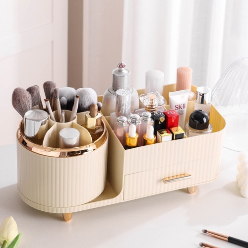 Cream Color Rotating Makeup Organizer Box - Multi-Compartment Cosmetic Storage - Main Image