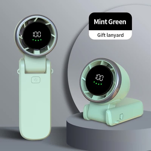 Mint Green Portable USB Rechargeable Handheld Fan with Digital Display - Main Image