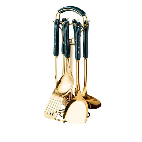 Dark Green Gold Stainless Steel Kitchen Utensil Set - 7-Piece Golden Cooking Tools with Stand - Main Image