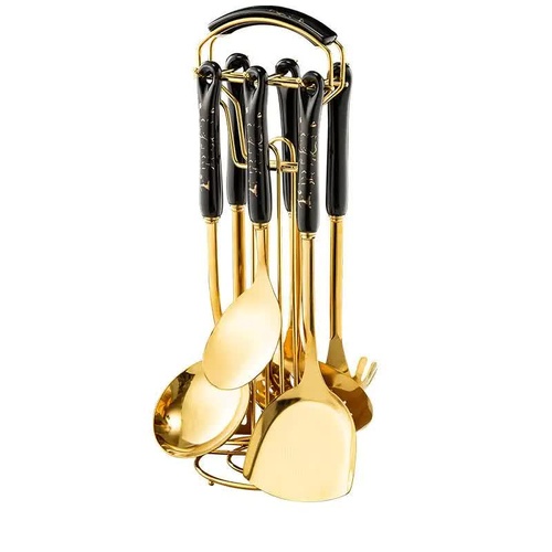 Black Gold Stainless Steel Kitchen Utensil Set - 7-Piece Golden Cooking Tools with Stand - Main Image