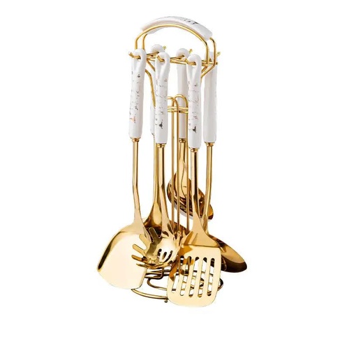 White Gold Stainless Steel Kitchen Utensil Set - 7-Piece Golden Cooking Tools with Stand - Main Image