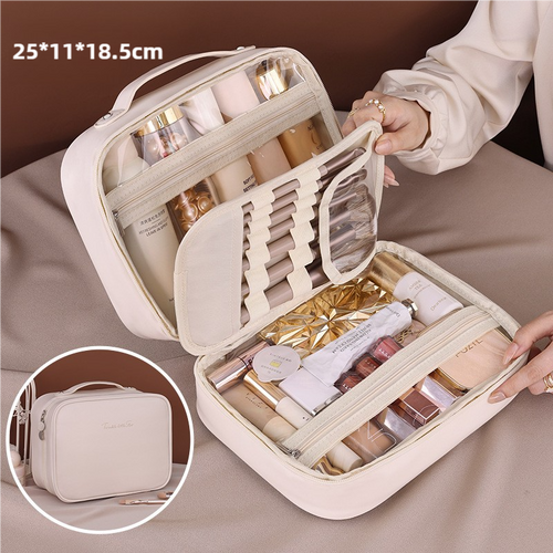 White Portable PU Leather Makeup Bag with Detachable Divider - Travel Cosmetic Organizer - Main Image