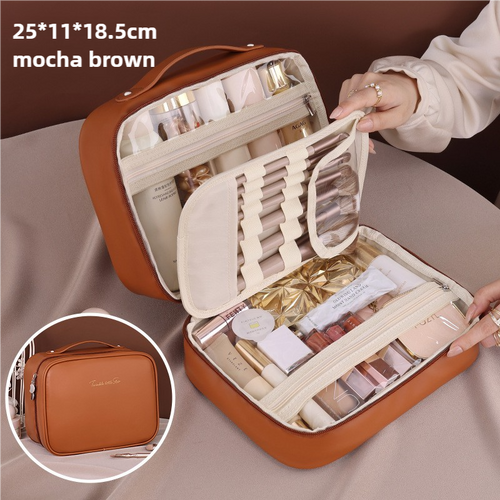 Brown Portable PU Leather Makeup Bag with Detachable Divider - Travel Cosmetic Organizer - Main Image