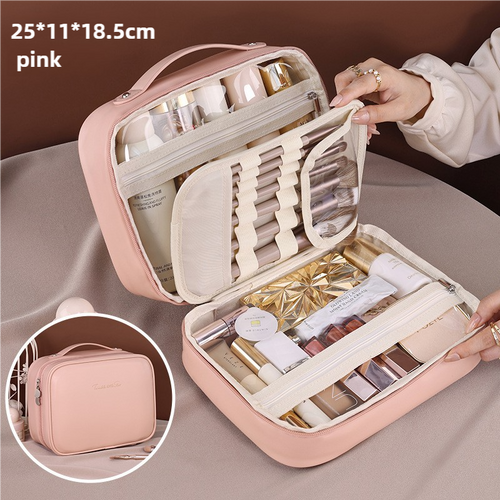 Pink Portable PU Leather Makeup Bag with Detachable Divider - Travel Cosmetic Organizer - Main Image