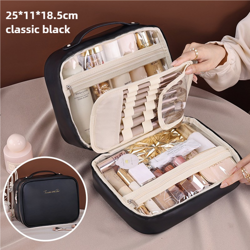 Black Portable PU Leather Makeup Bag with Detachable Divider - Travel Cosmetic Organizer - Main Image