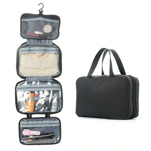 Black Multipurpose Portable Travel Toiletry Bag - Waterproof Cosmetic Organizer with Zipper - Main Image