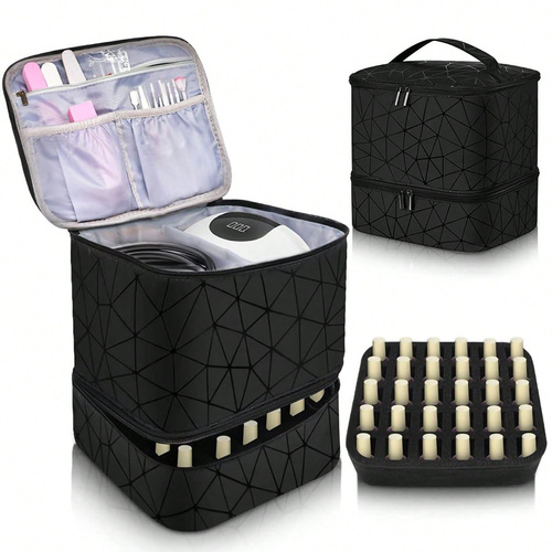 Black Large Capacity PVC Cosmetic Bag - Portable Nail Polish Storage Case with Dividers - Main Image