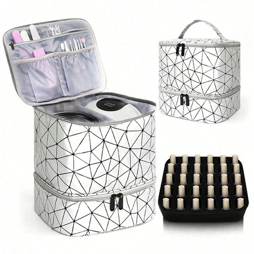 Sliver Large Capacity PVC Cosmetic Bag - Portable Nail Polish Storage Case with Dividers - Main Image