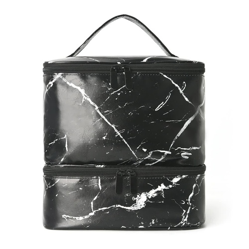 Black Marble Double-Layer PU Nail Polish Storage Case with High Capacity for Essential Oils and Nail Lamp - Portable & Adjustable - Main Image
