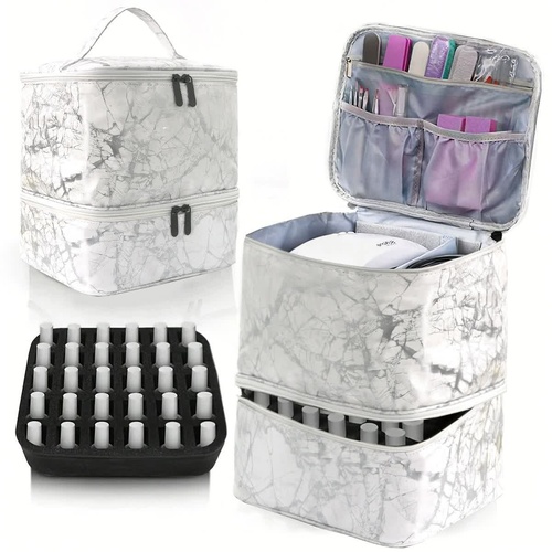 White Marble Double-Layer PU Nail Polish Storage Case with High Capacity for Essential Oils and Nail Lamp - Portable & Adjustable - Main Image