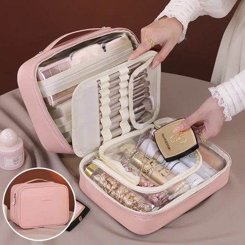 Pink Premium 5-in-1 Multifunctional PU Cosmetic Bag - Spacious Travel Organizer for Makeup, Toiletries, and Cosmetics - Main Image