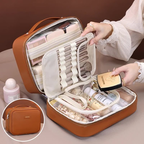 Brown Premium 5-in-1 Multifunctional PU Cosmetic Bag - Spacious Travel Organizer for Makeup, Toiletries, and Cosmetics - Main Image