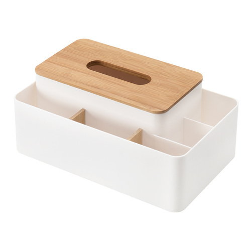 White Multifunctional Tissue Box Organizer - Bamboo Lid with Dividers for Desktop Storage - Main Image