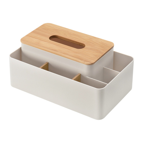 Apricot Multifunctional Tissue Box Organizer - Bamboo Lid with Dividers for Desktop Storage - Main Image