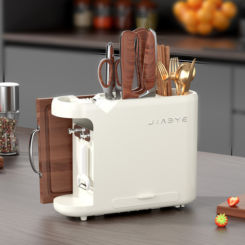 White Multifunctional Kitchen Knife Rack - Storage Organizer with Built-in Knife Sharpener, for Knives, Chopsticks, Cutting Boards, and Pot Lids - Main Image