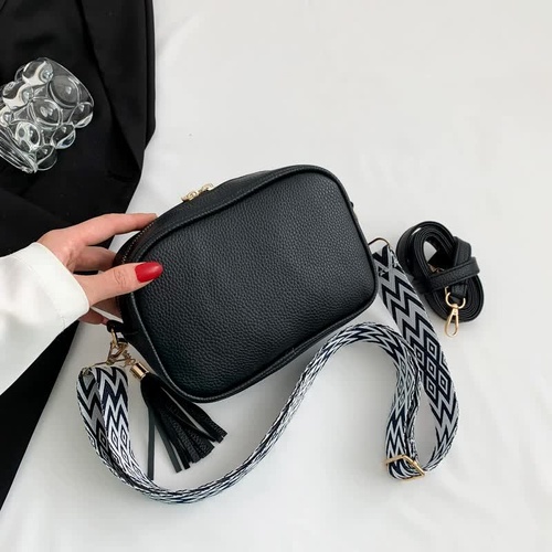 Black Trendy Crossbody Shoulder Bag with Tassel Accent - Compact and Stylish - Main Image