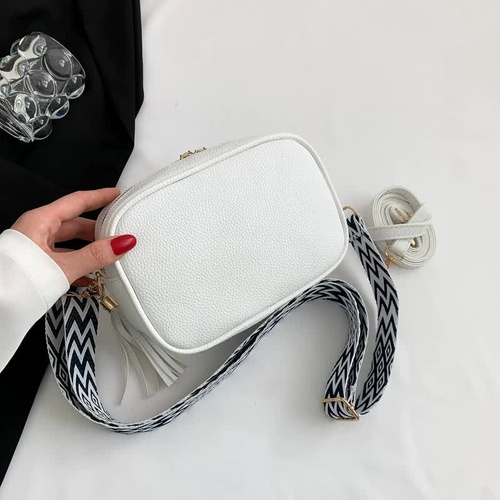 White Trendy Crossbody Shoulder Bag with Tassel Accent - Compact and Stylish - Main Image