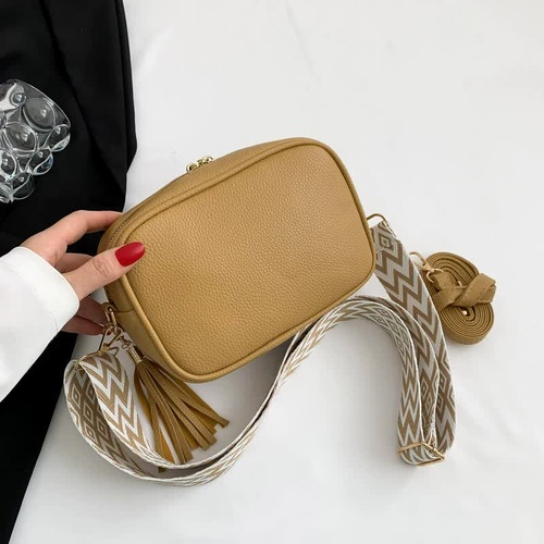 Khaki Trendy Crossbody Shoulder Bag with Tassel Accent - Compact and Stylish - Main Image