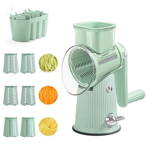 Green 10-in-1 Manual Vegetable Slicer with Interchangeable Blades - Multifunctional Rotary Grater and Shredder for Kitchen Use - Main Image