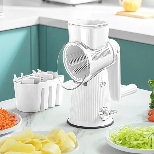 White 10-in-1 Manual Vegetable Slicer with Interchangeable Blades - Multifunctional Rotary Grater and Shredder for Kitchen Use - Main Image