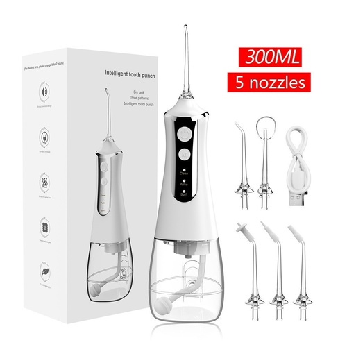 White 300ML Cordless Water Flosser with 5 Nozzles - Rechargeable Portable Oral Irrigator - Main Image