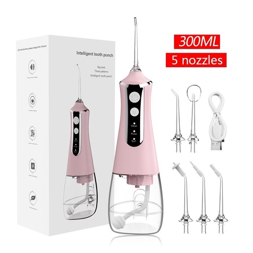 Pink 300ML Cordless Water Flosser with 5 Nozzles - Rechargeable Portable Oral Irrigator - Main Image