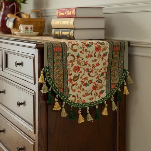 Green Vintage Bohemian Tassel Table Runner - 40x180cm Decorative Linen - Main Image
