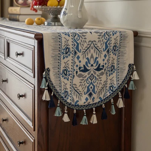 Blue Vintage Bohemian Tassel Table Runner - 40x180cm Decorative Linen - Main Image