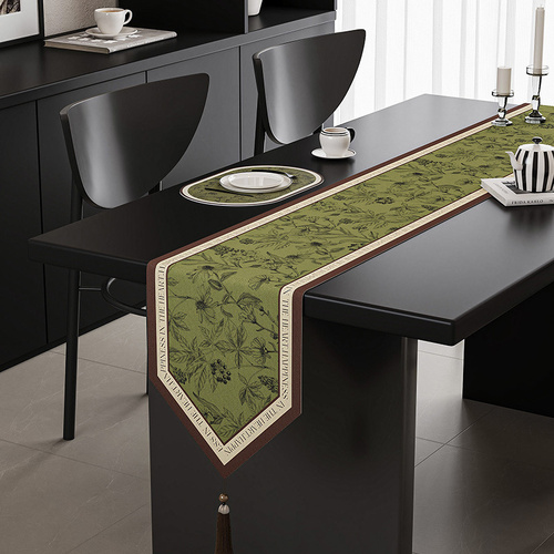 Green Elegant Green Botanical Table Runner with Tassels - 30x180cm - Main Image