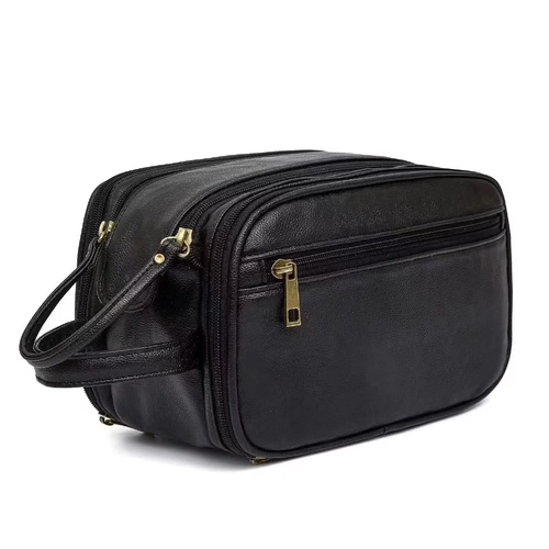 Black Vintage Leather Makeup Bag with Multi-Compartment Organizer - Travel Cosmetic Case - Main Image
