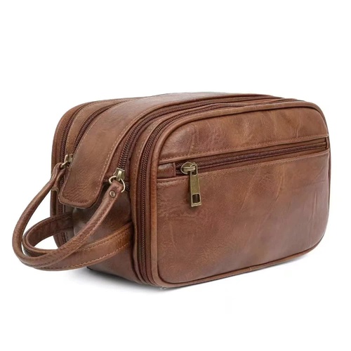 Brown Vintage Leather Makeup Bag with Multi-Compartment Organizer - Travel Cosmetic Case - Main Image