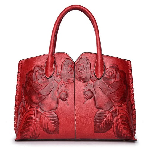 Red  Elegant Embossed Rose Leather Handbag - Vintage Style Tote Bag - Main Image