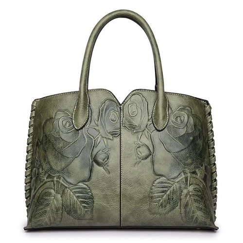 Green Elegant Embossed Rose Leather Handbag - Vintage Style Tote Bag - Main Image