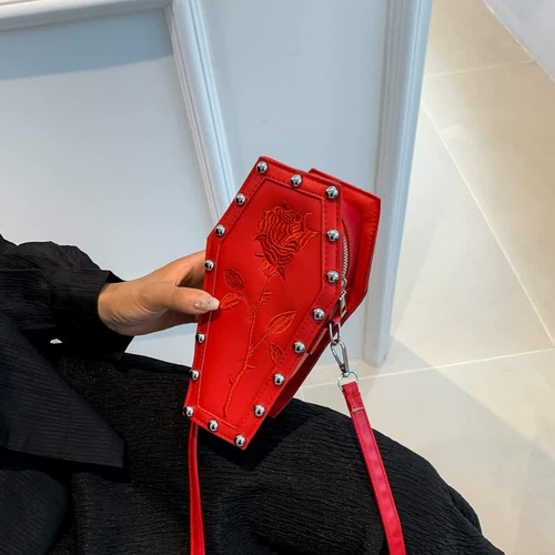 Red Gothic Red Coffin-Shaped Crossbody Bag with Embroidered Rose - Unique Fashion Statement - Main Image