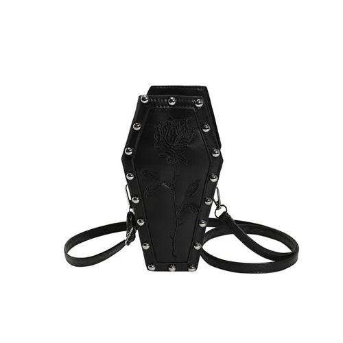 Black Gothic Red Coffin-Shaped Crossbody Bag with Embroidered Rose - Unique Fashion Statement - Main Image