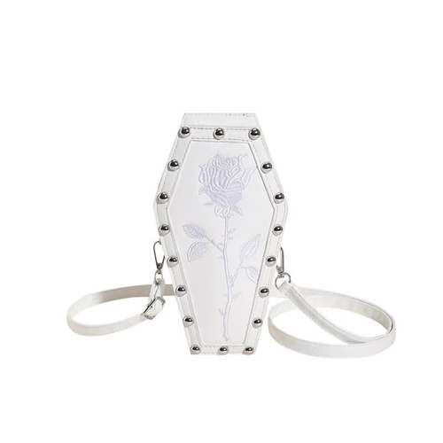 White Gothic Red Coffin-Shaped Crossbody Bag with Embroidered Rose - Unique Fashion Statement - Main Image