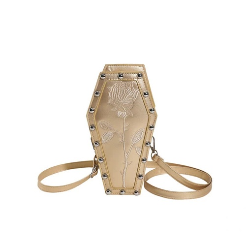 Gold Gothic Red Coffin-Shaped Crossbody Bag with Embroidered Rose - Unique Fashion Statement - Main Image