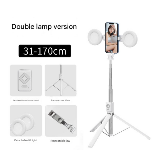 White Double Light 3-in-1 Bluetooth Selfie Stick with Tripod and Remote Control - Adjustable for Smartphones - Main Image
